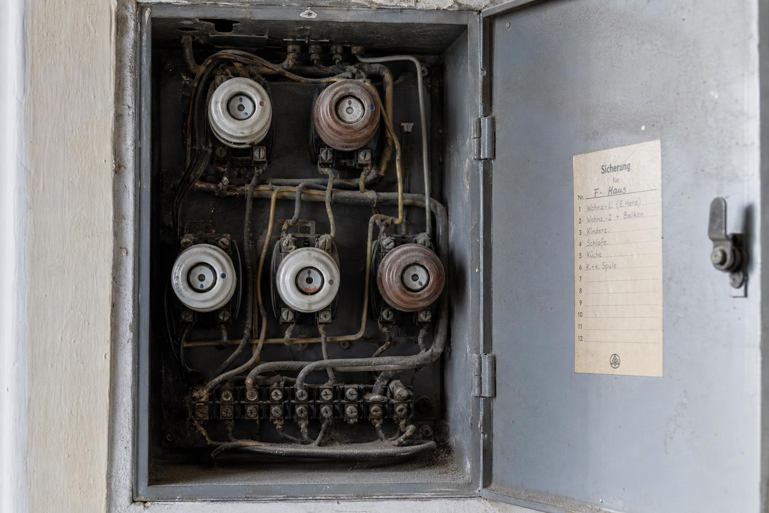 Ältere elektrische Unterverteilung mit Schmelzsicherungen.
