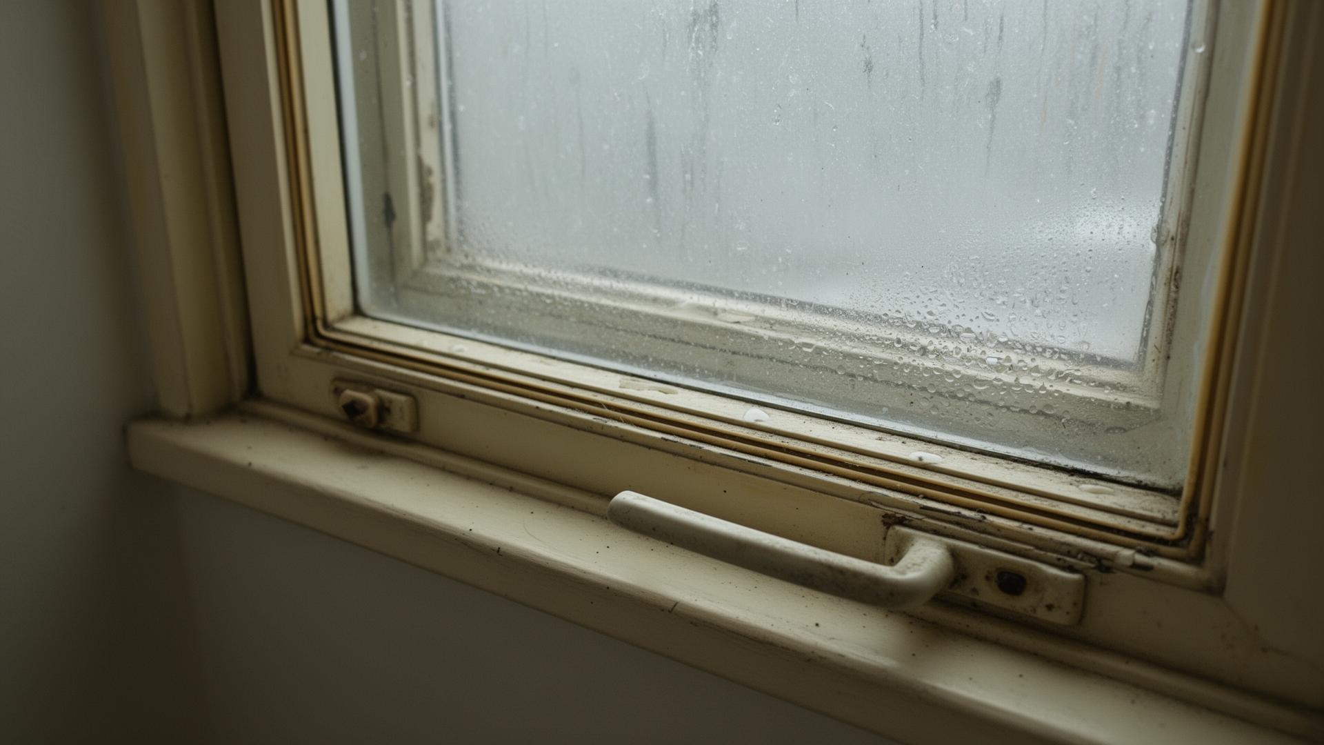 Älteres Fenster mit verwitterten Dichtungen und Kondensat an der Verglasung.