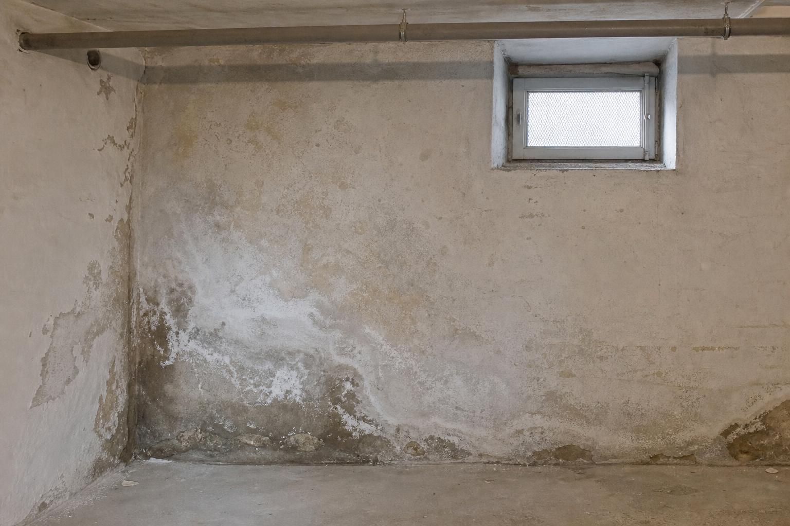 Kellerwand mit sichtbaren Verfärbungen und Putzabplatzungen.
