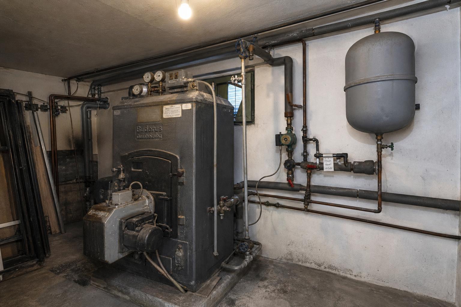 Ältere Heizungsanlage im Technikraum mit Rohrleitungen.